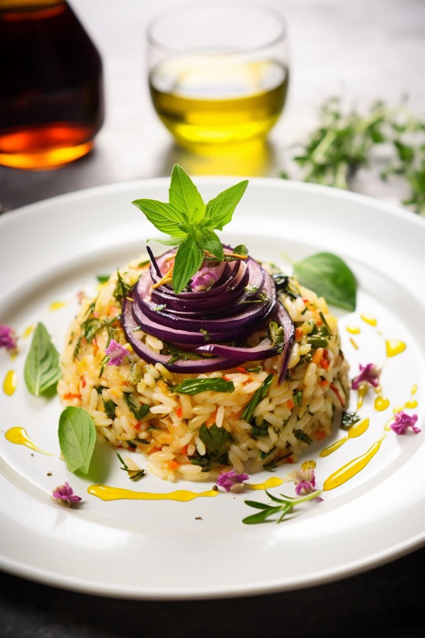 Rice dish with herbs and red onion