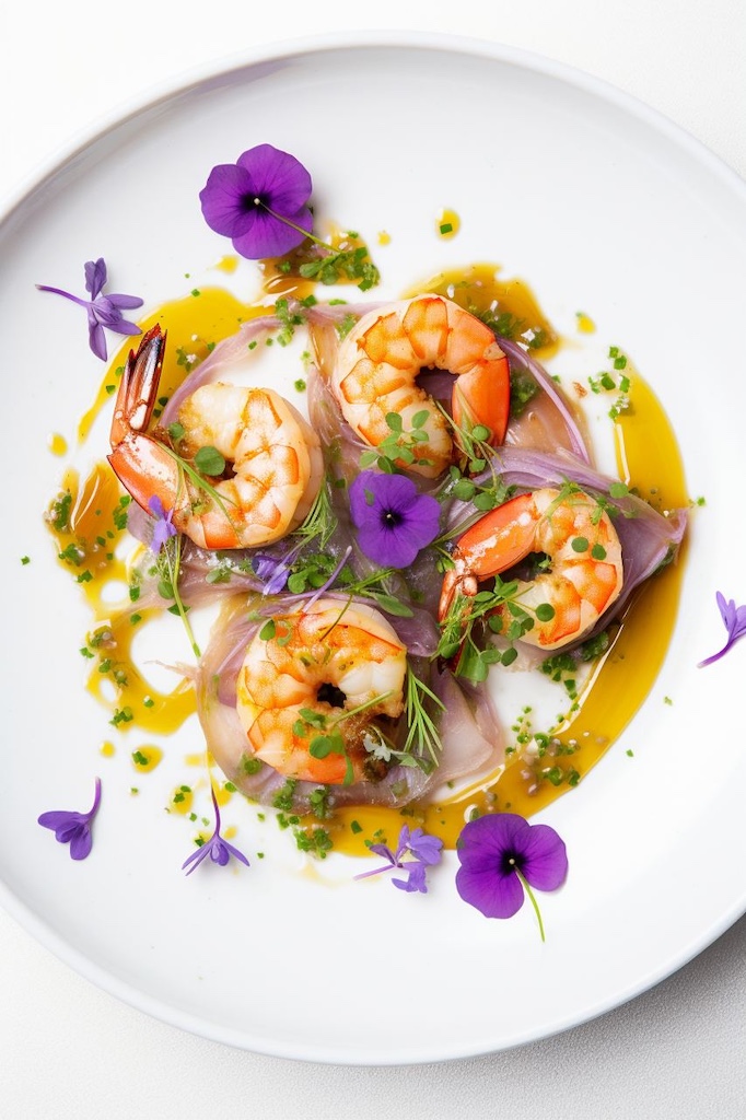 Shrimp dish with edible flowers and gourmet oil